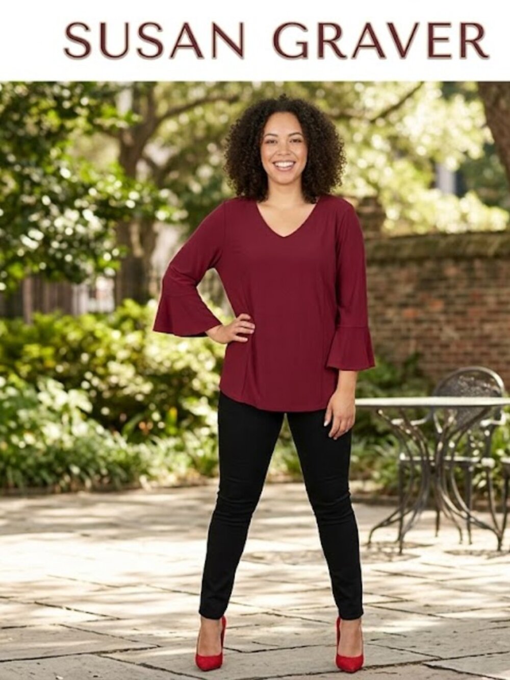 Susan Graver Maroon V-Neck Flare Sleeve Blouse
